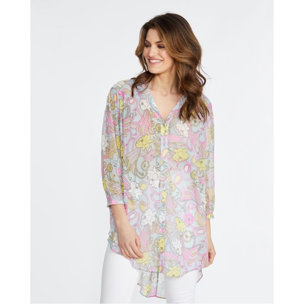 Badgley Mischka Woman Floral Chiffon Relax Flutter Sleeve Blouse LARGE Fairy - Picture 2 of 8
